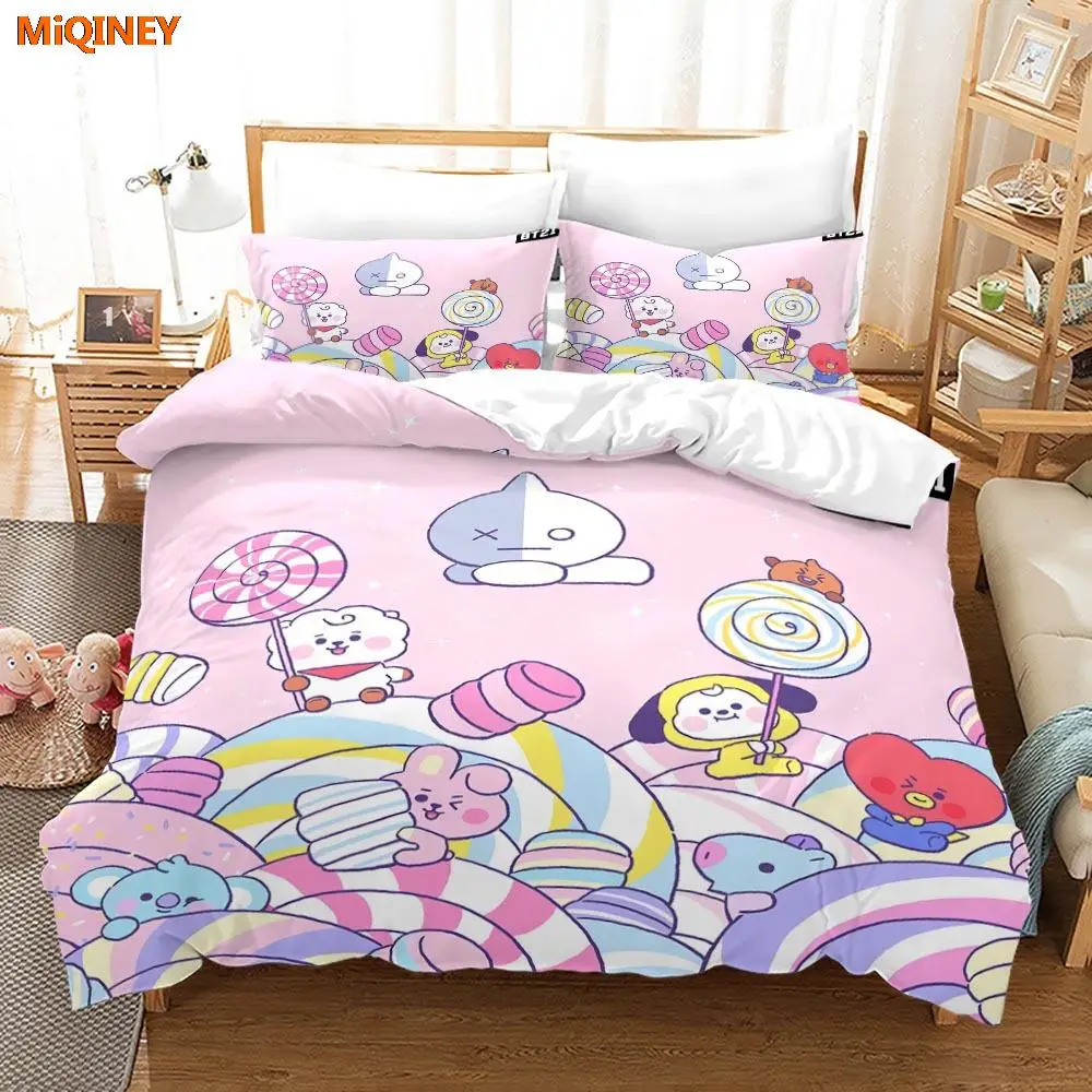 

MiQINEY Kpop Bangtan Name BT21 3D Bedding Set Single Twin Full Queen King Size Bed Set Aldult Kid Bedroom Duvetcover Sets Skzoo