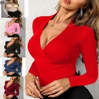 women knitted sweater tops sexy deep v neck solid full sleeve pullovers casual y2k clothes winter autumn clothes for women 2022