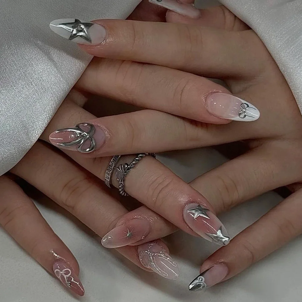 Черная линия бант белая звезда ореол окрашивание бусина 3D жемчуг накладные ногти