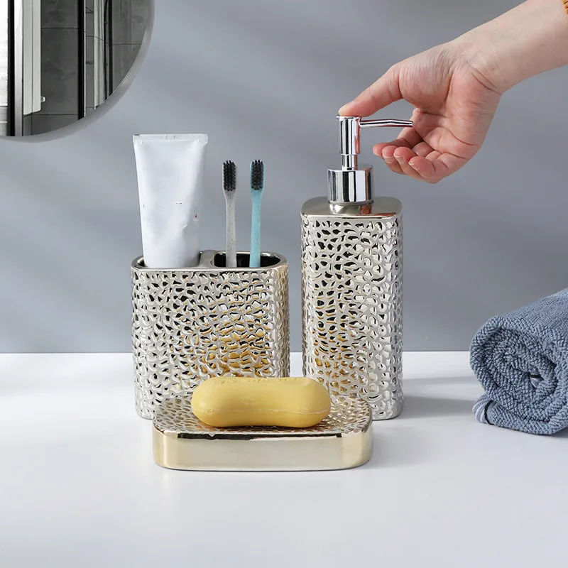 

Silver Ceramic Soap Dispenser Bathroom Amenities Set Toothbrush Holder Soap Dish Mouthwash Cup Household Lotion Sub-bottling