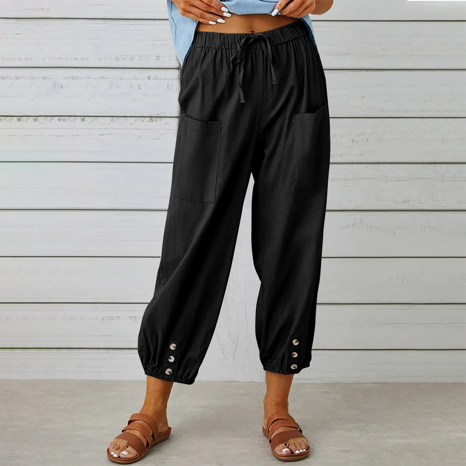 Summer Women Loose Trousers Ankle-Length Ladies Wide Leg Cropped Pants Comfortable Streetwear Solid Color for Outdoor Vacation