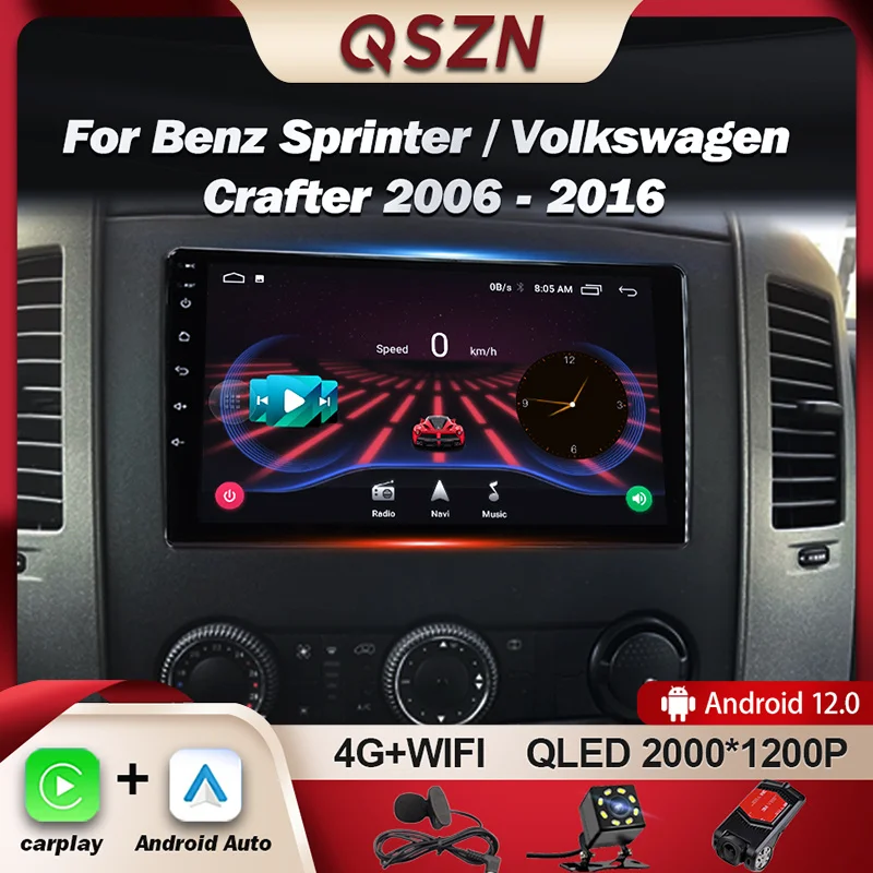 Автомагнитола QSZN для Benz Sprinter VW Crafter 2006-2016, мультимедийный видеоплеер с GPS-навигацией для Carplay, Android 12, Авторадио DSP