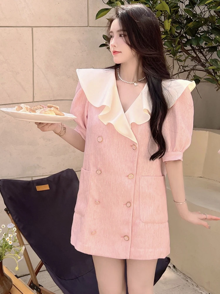 

Женское винтажное платье с оборками, повседневное розовое платье мини в Корейском стиле с короткими рукавами, свободное платье для вечерив...