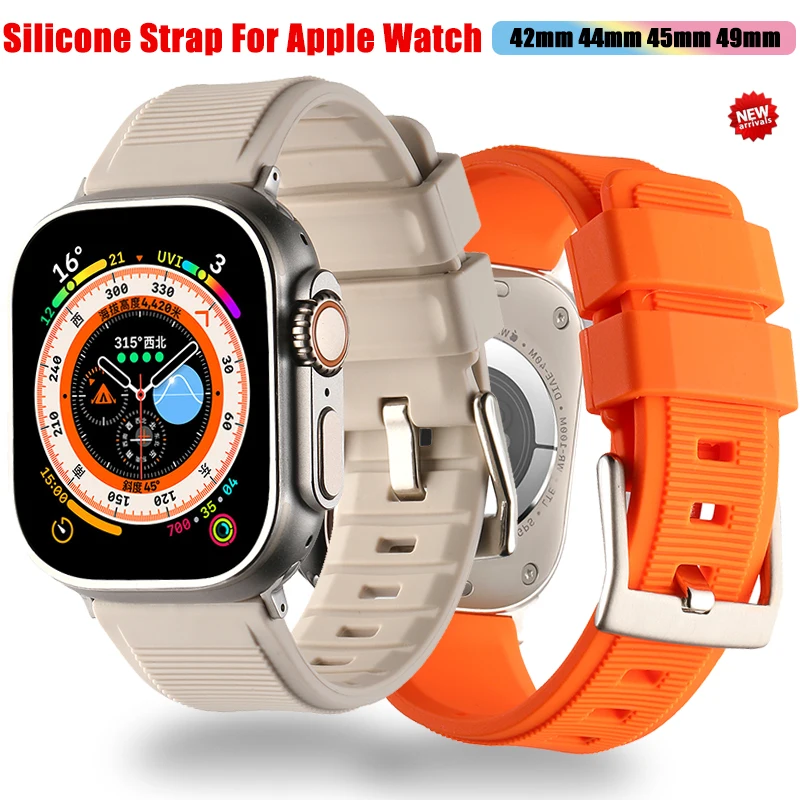 

Ремешок силиконовый для Apple Watch Ultra 8 7 6 5 4, резиновый спортивный браслет для iWatch series 49 мм 42 мм 44 мм 45 мм, двойное кольцо