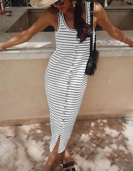 Женская летняя юбка-карандаш средней длины в полоску