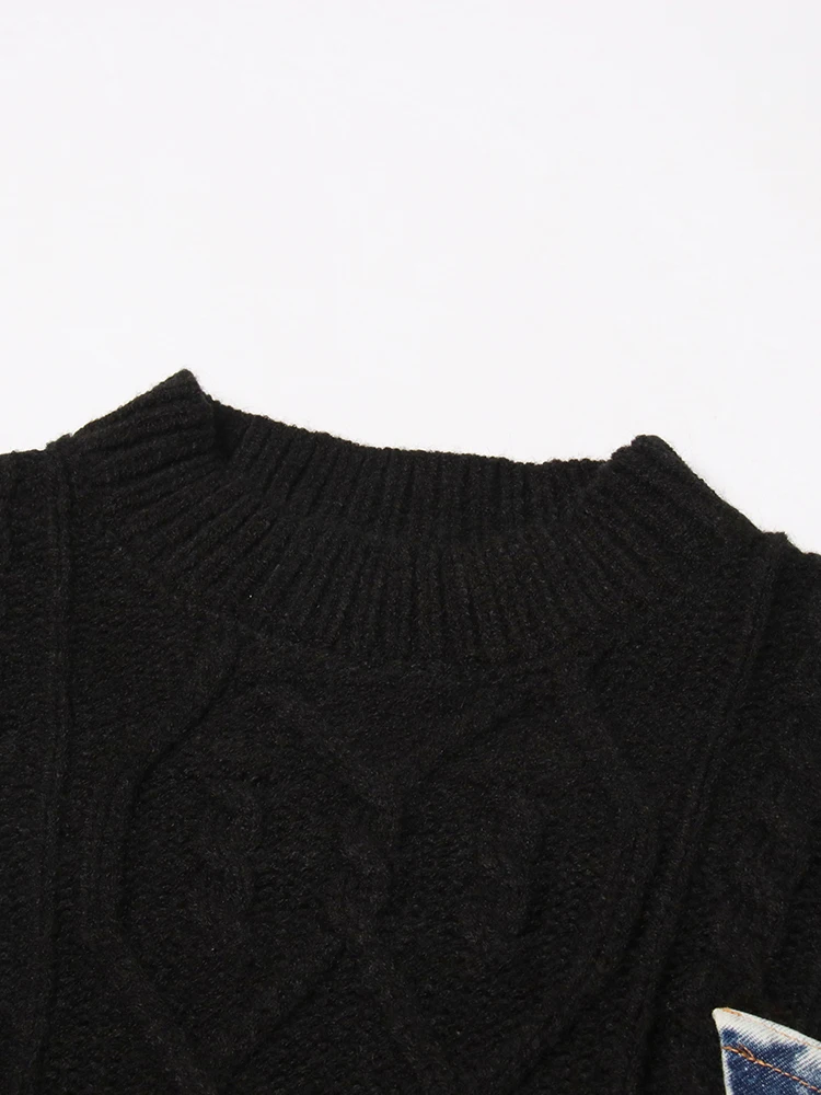 Женский джинсовый вязаный свитер TWOTWINSTYLE Повседневный составного кроя с круглым