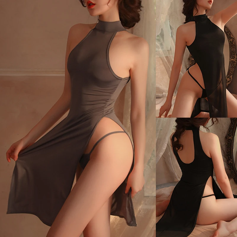 

Соблазнительное нижнее белье, соблазнительное платье, пижама-Ципао без страсти, Соблазнительный комплект, экзотические платья, черные, серые, с высоким разрезом