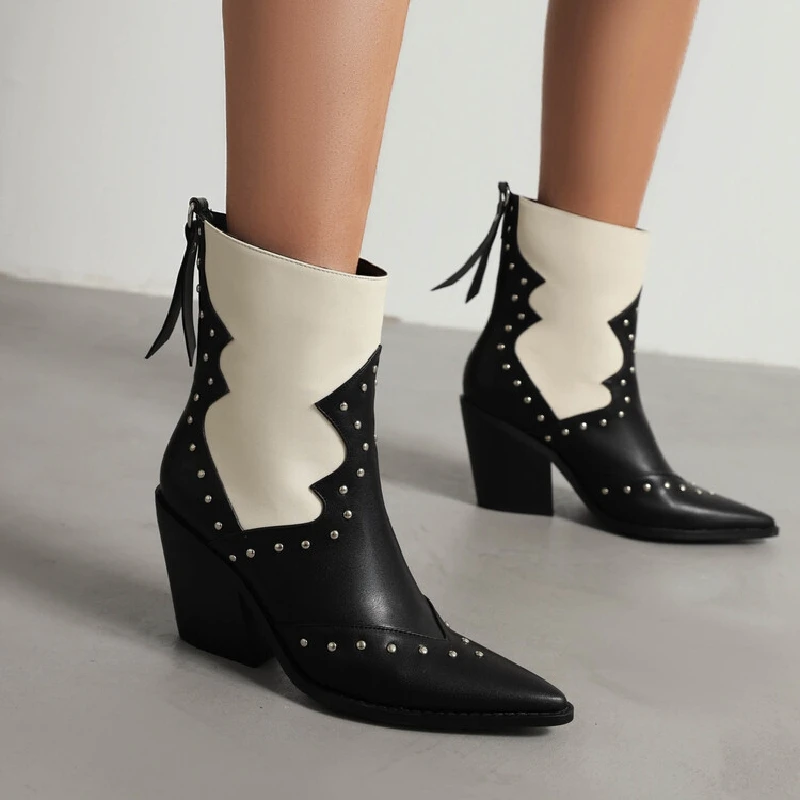 Winter 2022 European and American style rivet pointed horseshoe and Western boots Work boots Women's high heel fashion boots