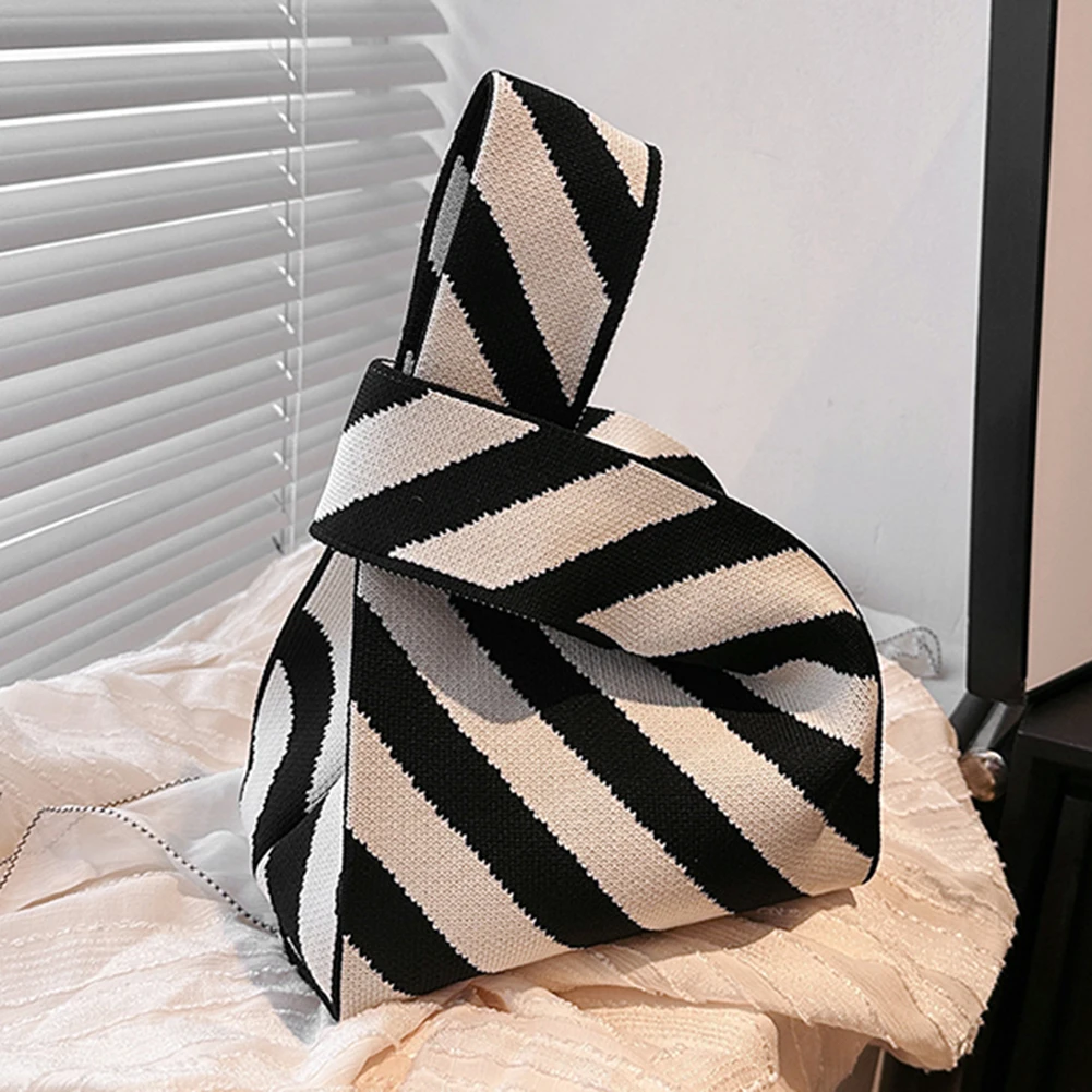 

Fashion Handmade Knit Handbags Korean Women Mini Wrist Bags Purse Striped Printed Tote Bags Small Ladies Reusable Shopping Bags