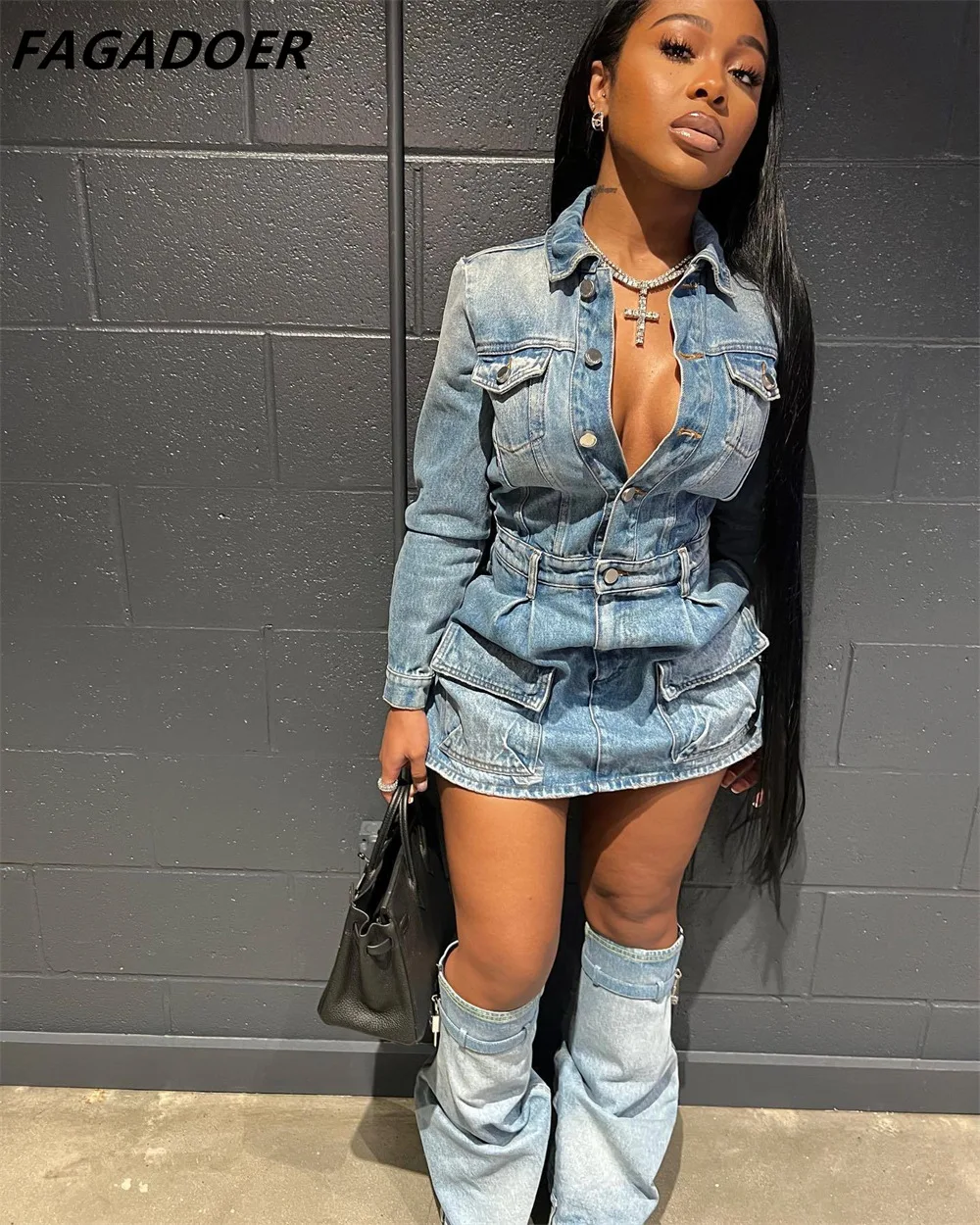FAGADOER модное джинсовое облегающее мини-платье с карманами женское отложным