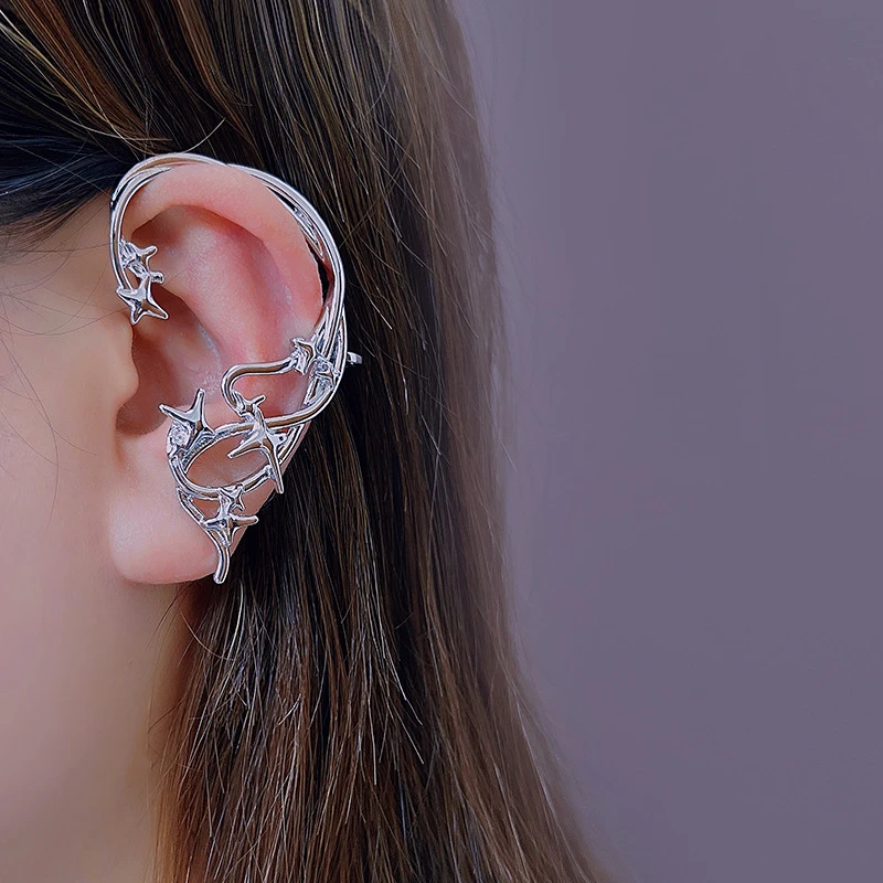 

VSnow Hyperbole C Shape Twisted Vine Metal Clip Earrings for Women Statement Silver Color Star Metal Party Earings Jewelry