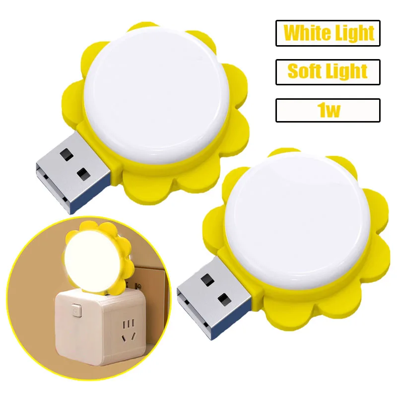 

2pcs Portable USB Night Light Atmosphere Lights Sunflower Reading Lamp Mobile Power Computer Charging Bulb Car Decorative Lights