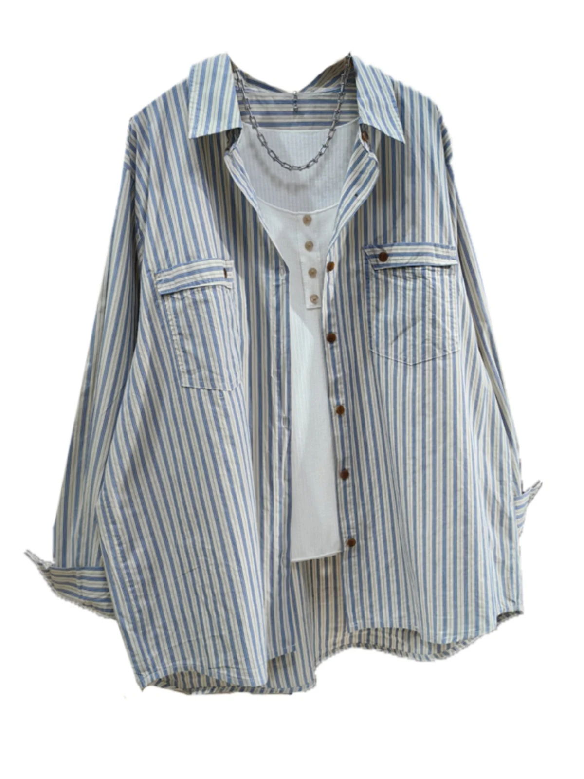 Blue Stripes Shirt Women's Spring New Arrival K-sle Casual Loose Slimming Retro Easy Matching Bandage Dress Long Sleeves 0...