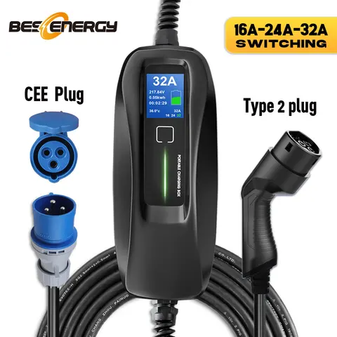 Автомобильное зарядное устройство для электромобиля EV Тип 2 зарядное устройство 7 кВт переключатель тока 16/24/32A портативный зарядный бокс CEE разъем 220 В IEC 62196-2 6 м