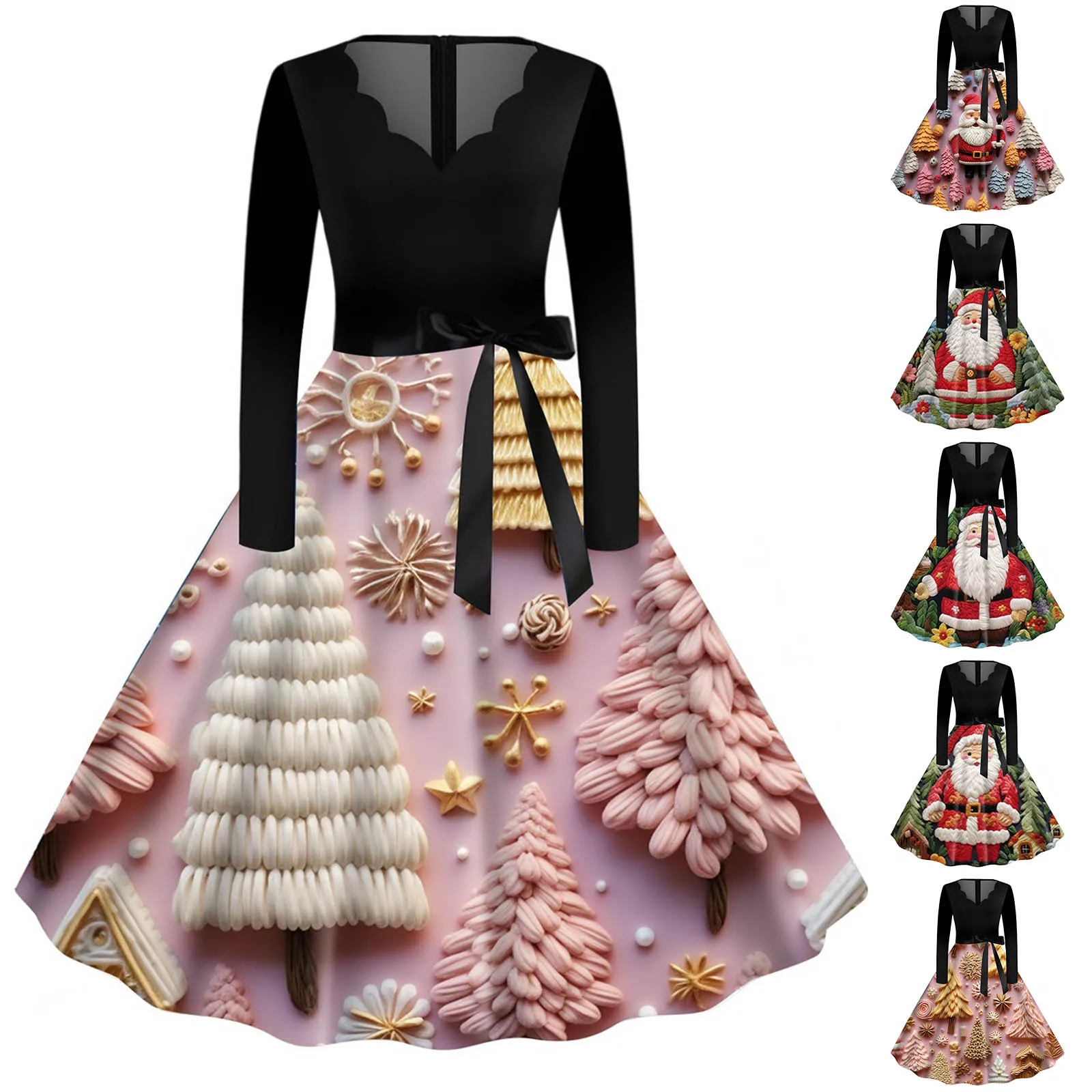 

Women‘s Round Neck Long Sleeve Printed Vintage Swing Dress Party Dress Christmas Pullover Dress ( Style Winter Dresses for Work