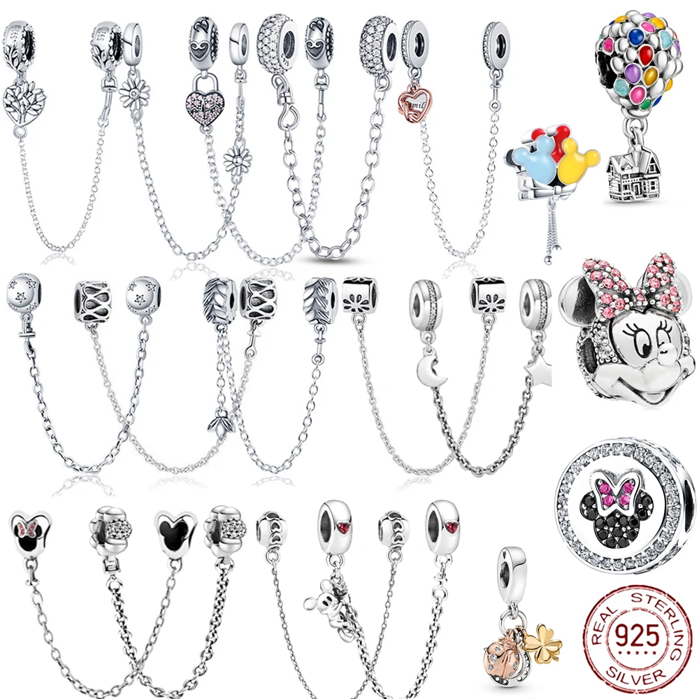 New 925 Sterling Silver Safety Chain Romantic Flowers Balloon Charms Bead Fit Original Pandora Bracelets Charm DIY Women Jewelry