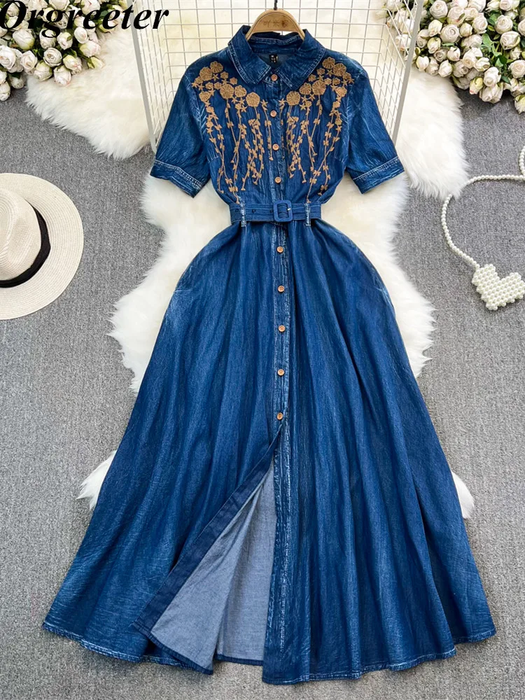 

Женское джинсовое платье с цветочной вышивкой, Элегантное Длинное Ковбойское платье с отложным воротником и коротким рукавом, лето 2023