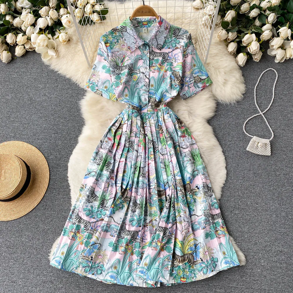 

Женское дизайнерское платье-рубашка, модельное однобортное плиссированное платье миди с принтом в виде пейзажа и животных, лето 2022