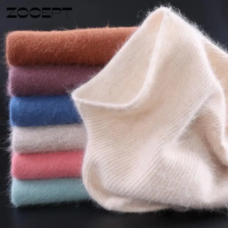 

Zocept Winter Women Sweater 2022 Fashion Ribbed Mock Neck Pullover 100% Mink Cashmere Sweater Female Long Sleeve Knitted Jumpers