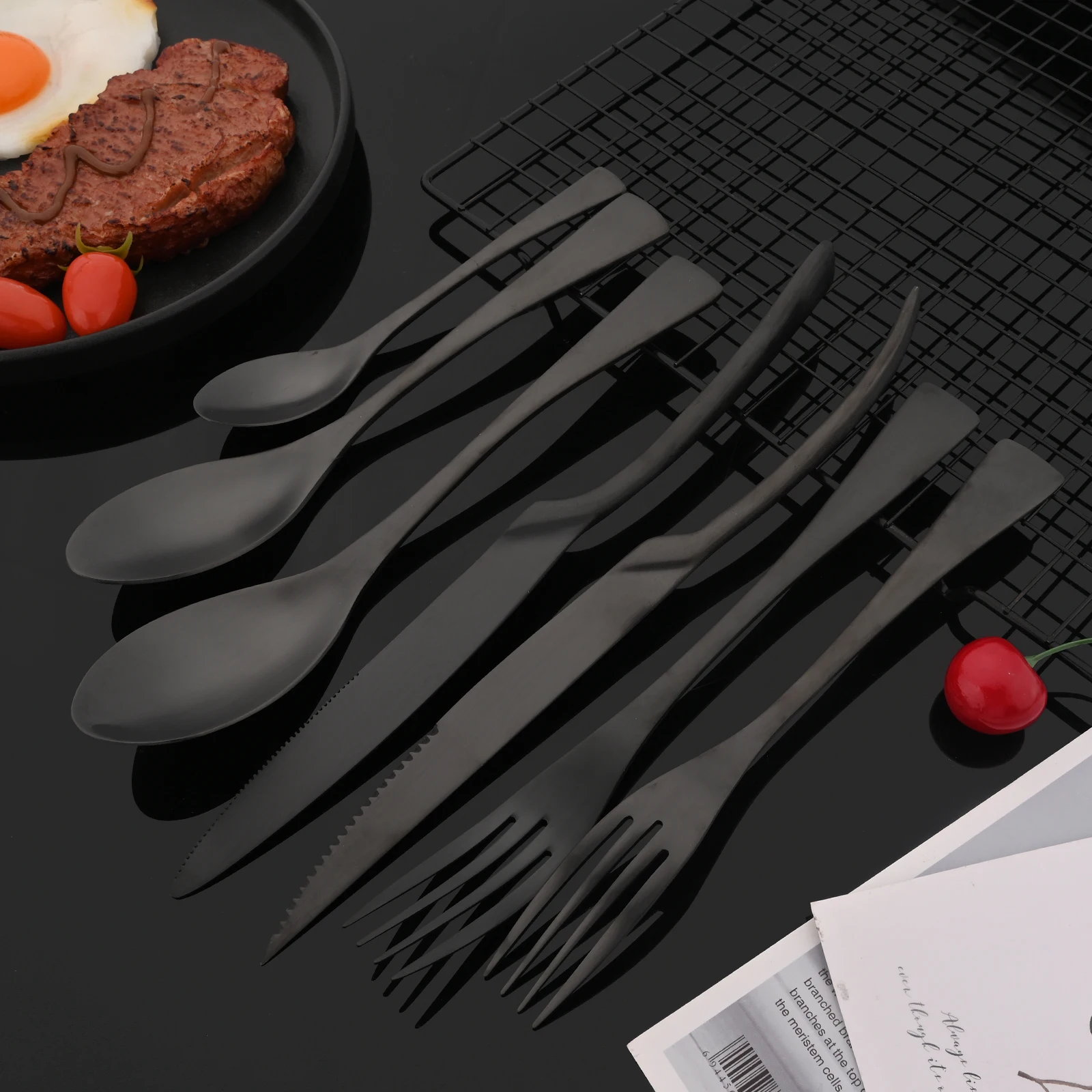 

7Pcs High Grade Matte Black Dinnerware Set Stainless Steel Flatware Cutlery Set Kitchen Steak Knife Fork Tea Spoon Tableware Set