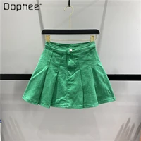 summer green denim skirts womens 2022 new goth female student high waist anti exposure pleated slimming a line mini skirt