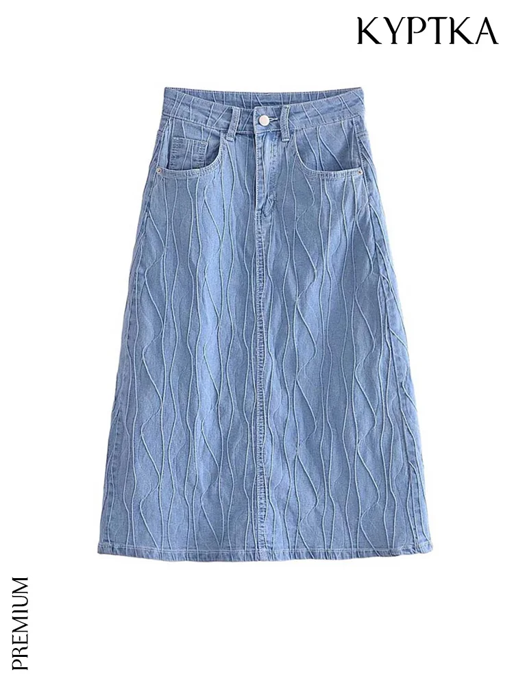 

KYPTKA Women Fashion Front Pockets Jacquard Denim Midi Skirt Vintage High Waist Zipper Fly Female Skirts Mujer