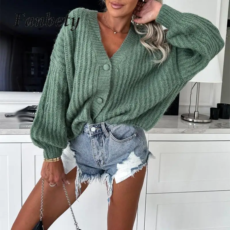 

OL Style Single Breasted Sweater Knitting Winter Autumn Long Sleeve Commuter Jumper Sexy Women Deep V Neck Loose Solid Knit Tops