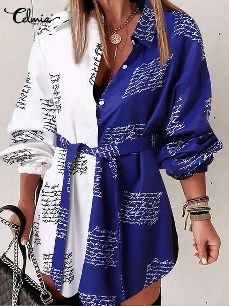 

Celmia Long Sleeve Streetwear Short Vestidos Belted Printed Fashion Lapel Shirt Dress Patchwork Casual Chic Women Mini Sundress