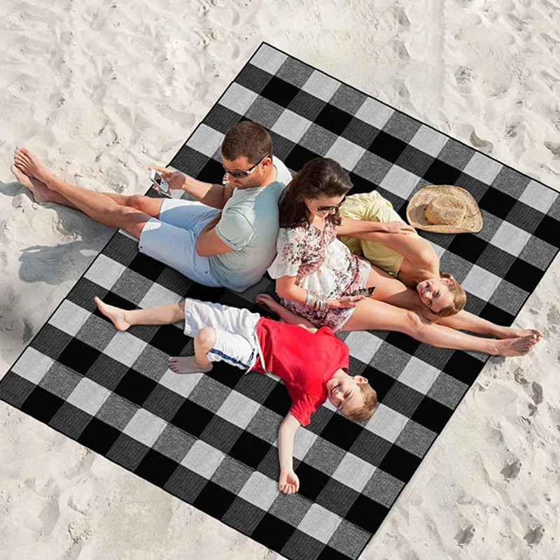 

1.5x2m Waterproof Plaid Picnic Mat Folding Camping Mats Portable Hiking Outdoor Pad Black And White Handy Sand Beach Blanket