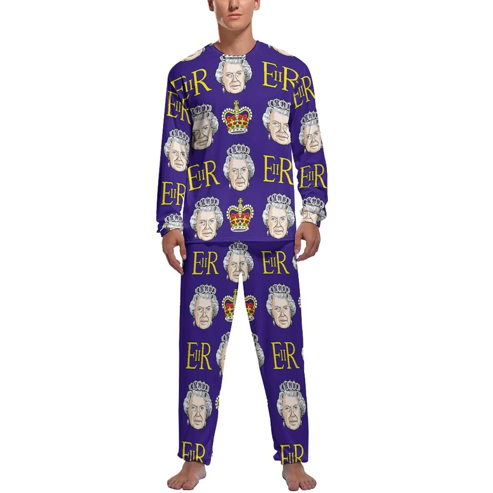 

Queen Elizabeth II Pajamas Men Great Britain Elegant Nightwear Autumn Long-Sleeve Two Piece Aesthetic Graphic Pajama Sets