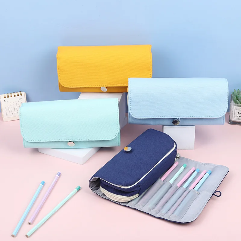 

New canvas pencil bag students 12 hole pen insert storage bag solid color pen curtain children pencil case School Supplies gifts