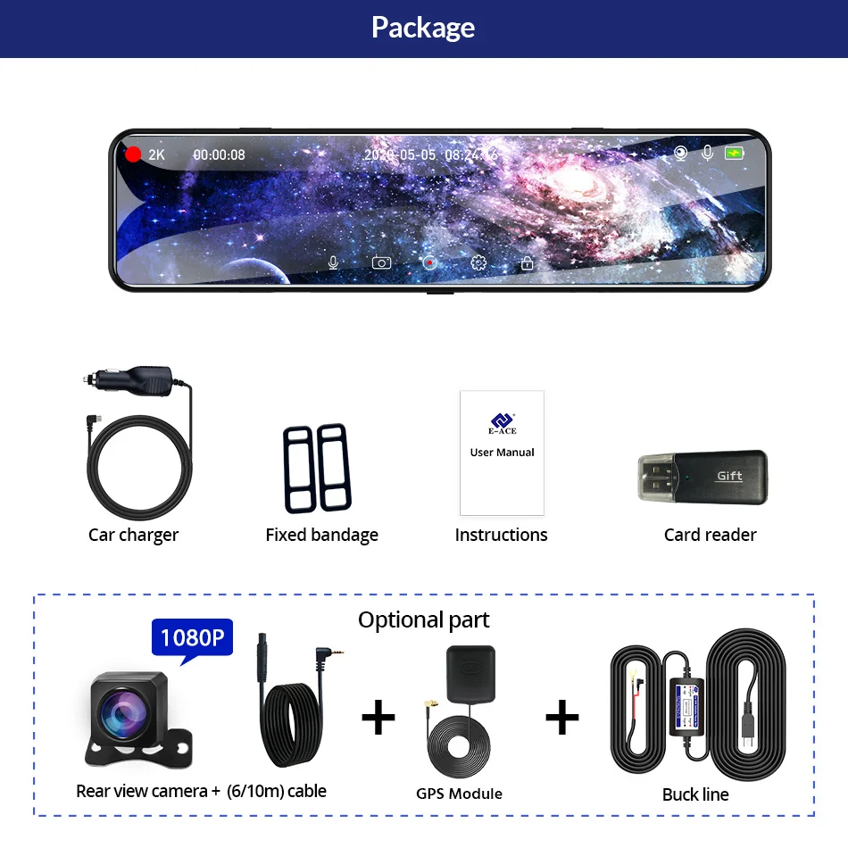 $62.68 11.28 Inch 2K Streaming Media Rearview Mirror Dash Cam 1080P Rear Cam 24H Video recorder Driving Recorder Car DVR E-ACE  A45