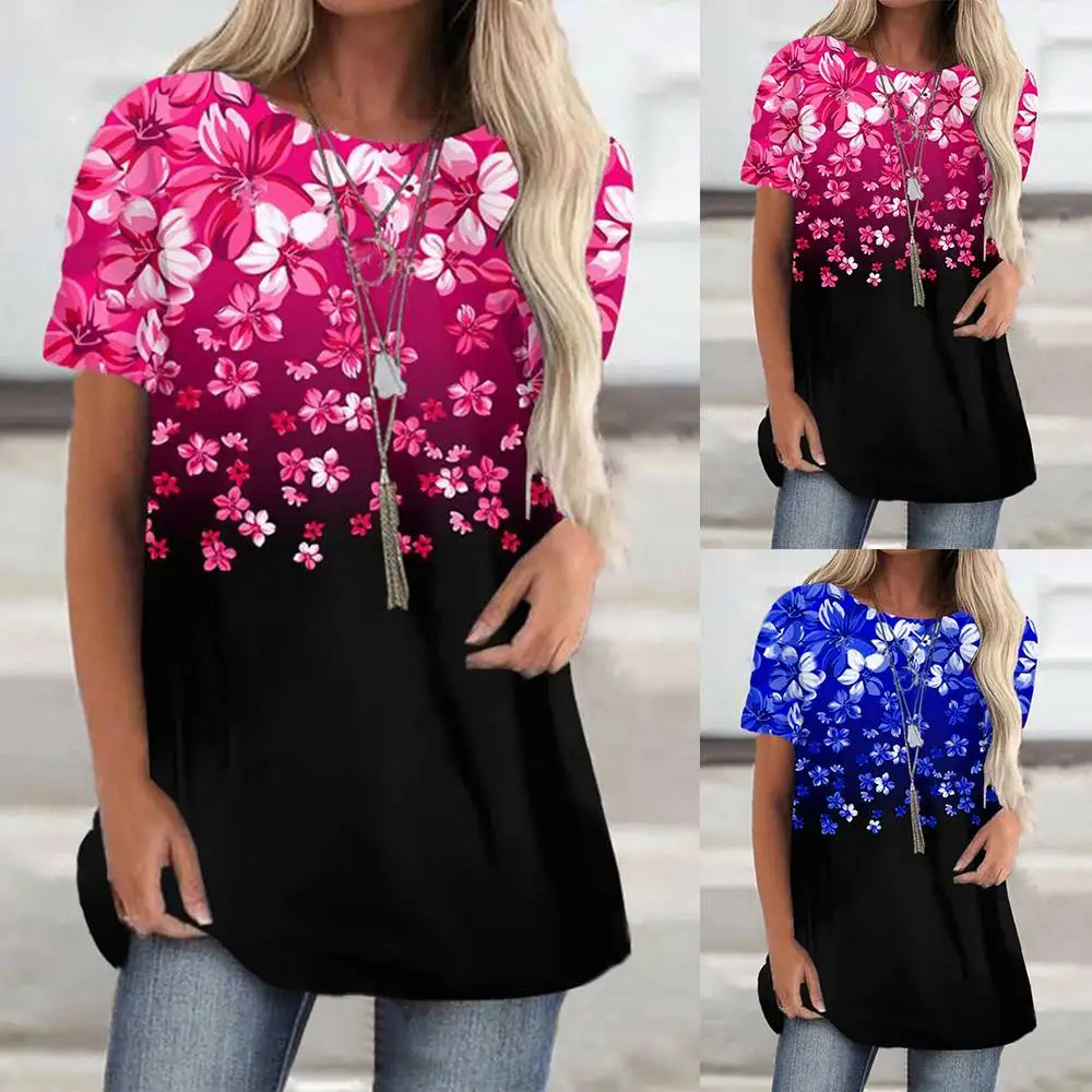 

Round Neck Ladies Tee Shirt Blouses Summer Floral Printed Women T-Shirt Short Sleeve Patchwork Female Tshirt T-Shirt
