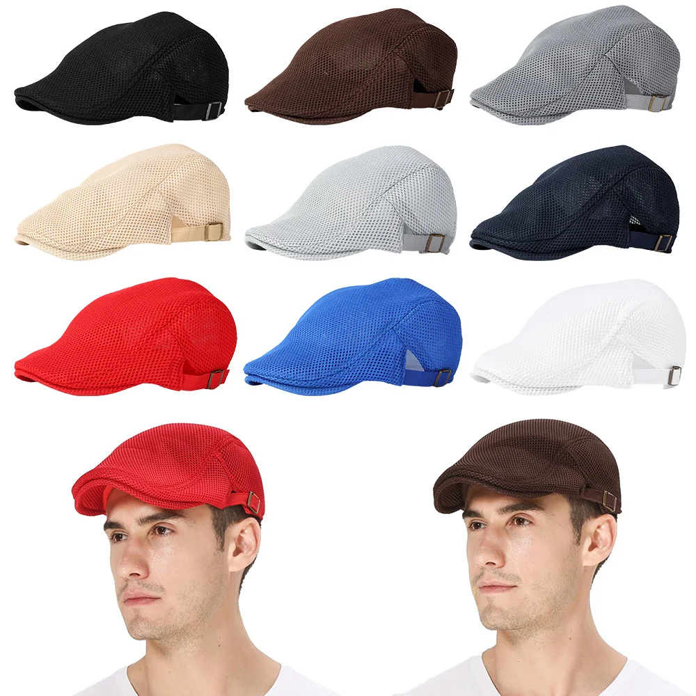 

Summer Men Breathable Mesh Beret Hat Newsboy Style Peaked Cap Fashion Adjustable Golf Hat Outdoor Solid Color Sunscreen Hat