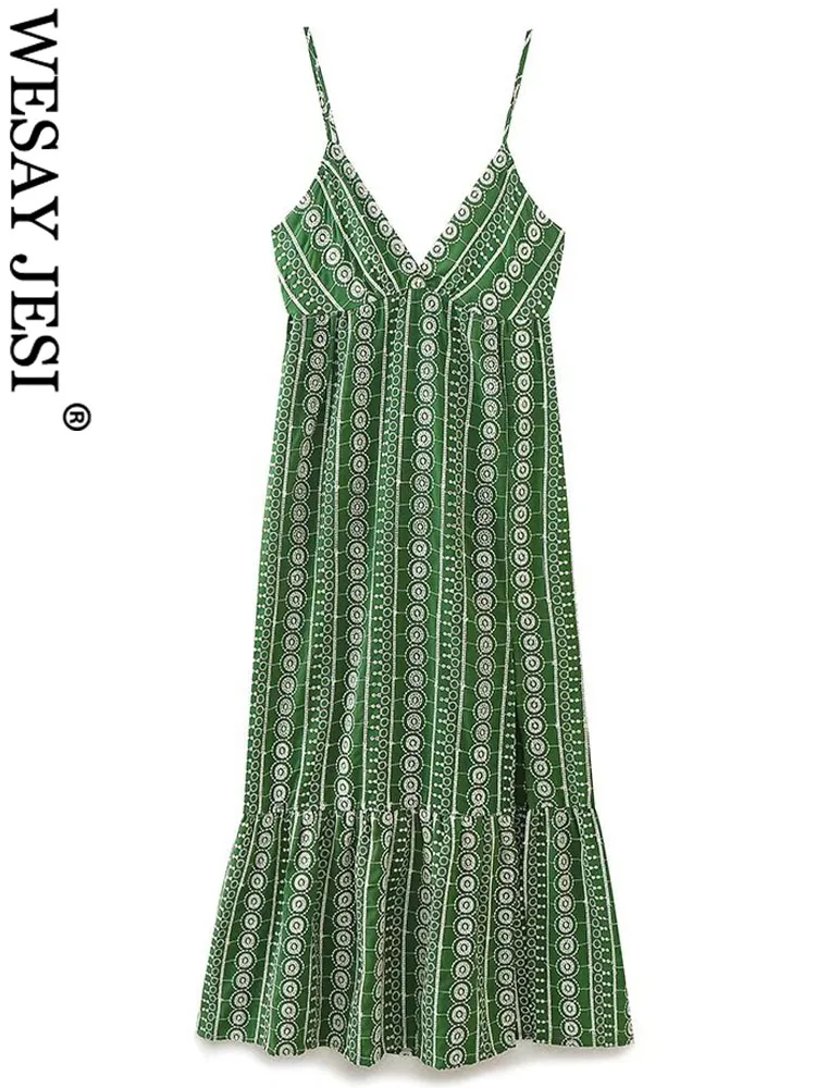 

TRAF Women With Casual Green Boho Embroidery Sleeveless Dress Vintage Backless Thin Straps Chic Female Dresses Vestidos Robe