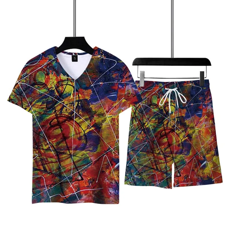2023 Summer Men Sports Suit Casual Short Sleeve 3D Printed Harajuku Suit V-neck Men's Clothing T-shirt Oversized Comfortable Top