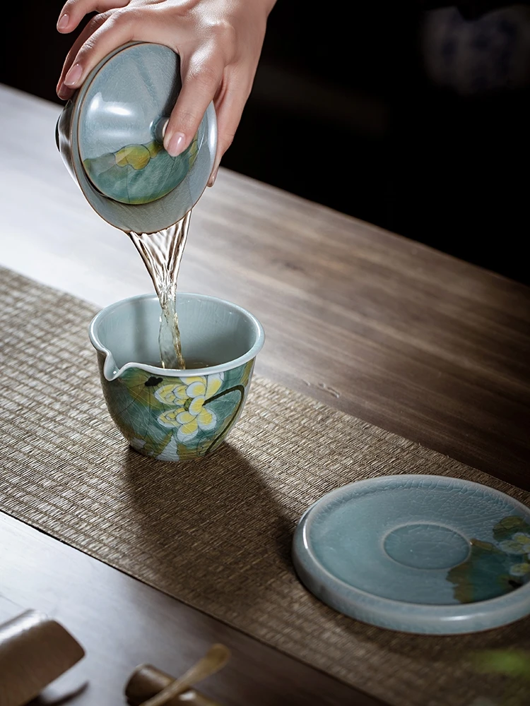 Borneol глазурованная ручная роспись зеленая чаша с тремя крышками чайная чашка