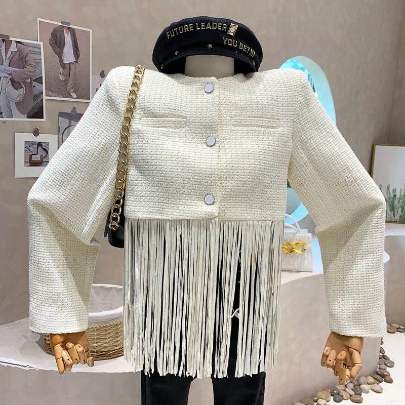 

New Women's Clothing 2022 Autumn Short tassel temperament round neck tweed coat Jacket top