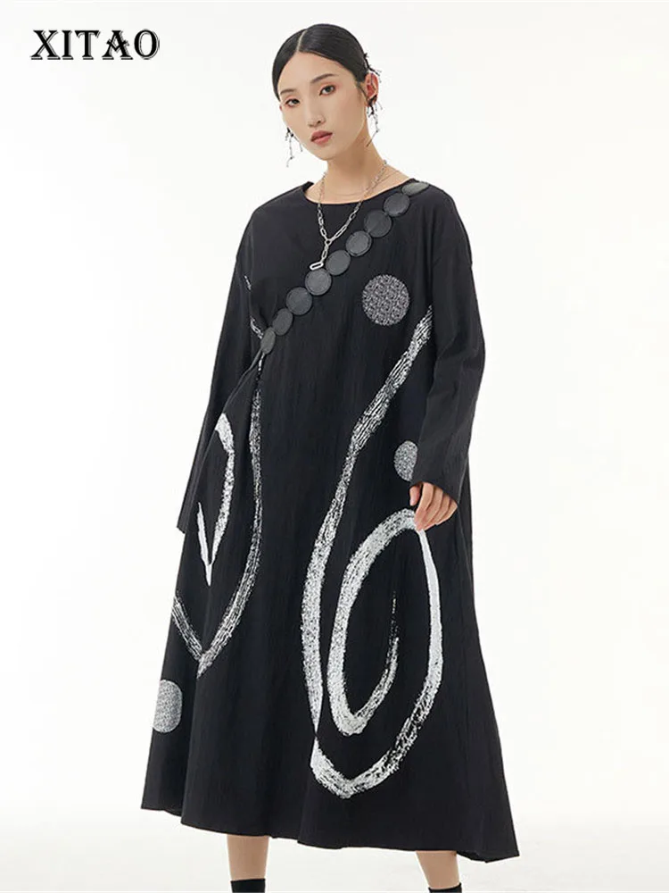 

XITAO Print Pattern Dress Fashion Women Pullover Full Sleeve Goddess Fan Casual 2022 Autumn Minority Loose Dress WLD8674