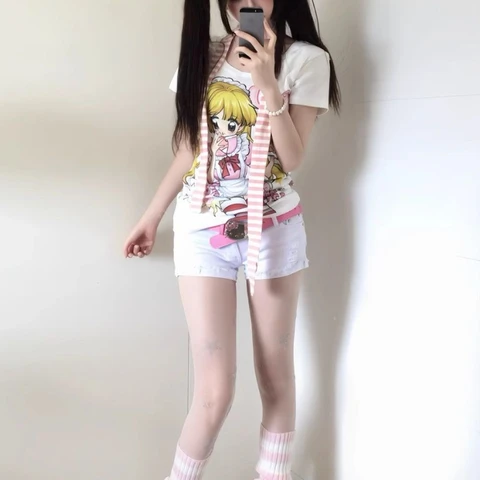 Футболки с аниме в японском стиле Deeptown, женские футболки Harajuku Kawaii с рисунком мультфильмов Y2k 2000-х годов, облегающие футболки Cutecore, эстетические