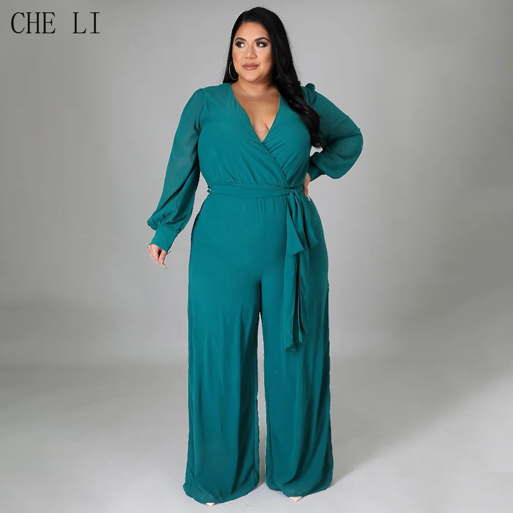 Street Fashion Plus Size Women's Spring and Autumn Temperament Casual Loose Straight Solid Color Belted High Waist Jumpsuit 2022