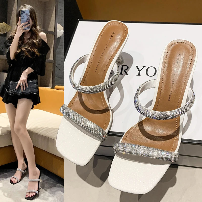

Heels Slippers Female Shoes Fashion Rhinestone New Summer Shoes Women Party Crystal Clear Cool Mules Slide Open Toe 2022