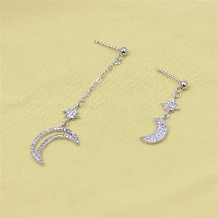 

ZFSILVER Fashion 925 Sterling Silver Zircon Diamond-set Asymmetry Long Moon Star Stud Earring Jewelry For Women Charm Party Gift