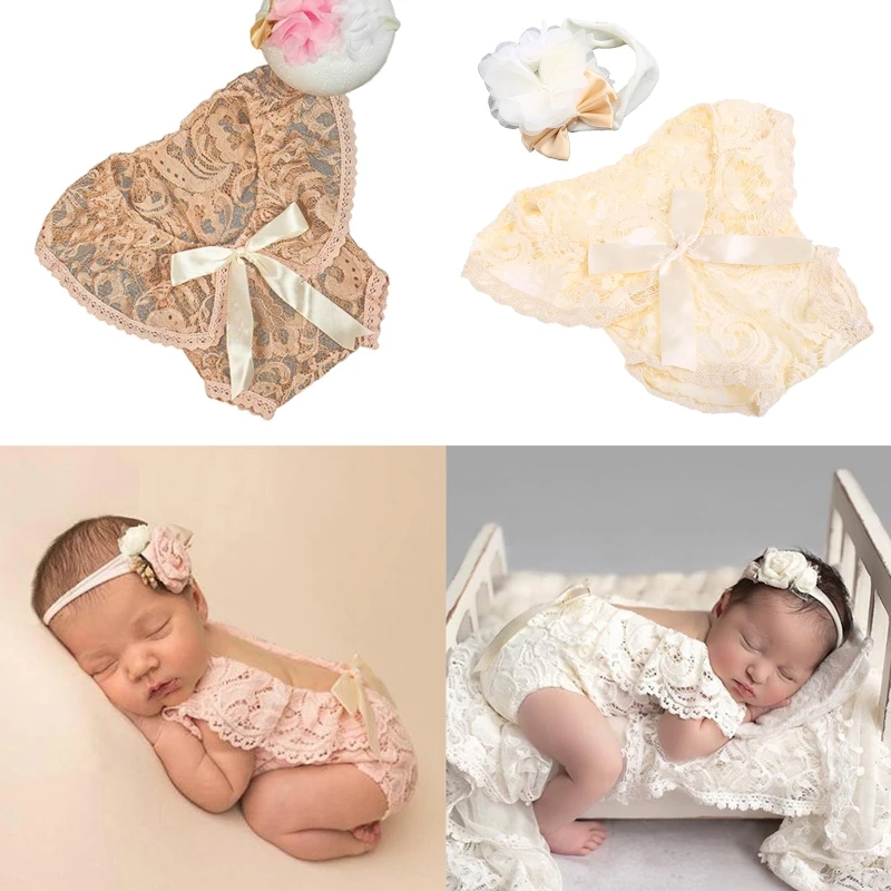 

Baby Headband Lace Romper with Large Ribbon Bows Set Flower Hair Band Headdress Vest Bodysuits Infants Girl Outfits A2UB