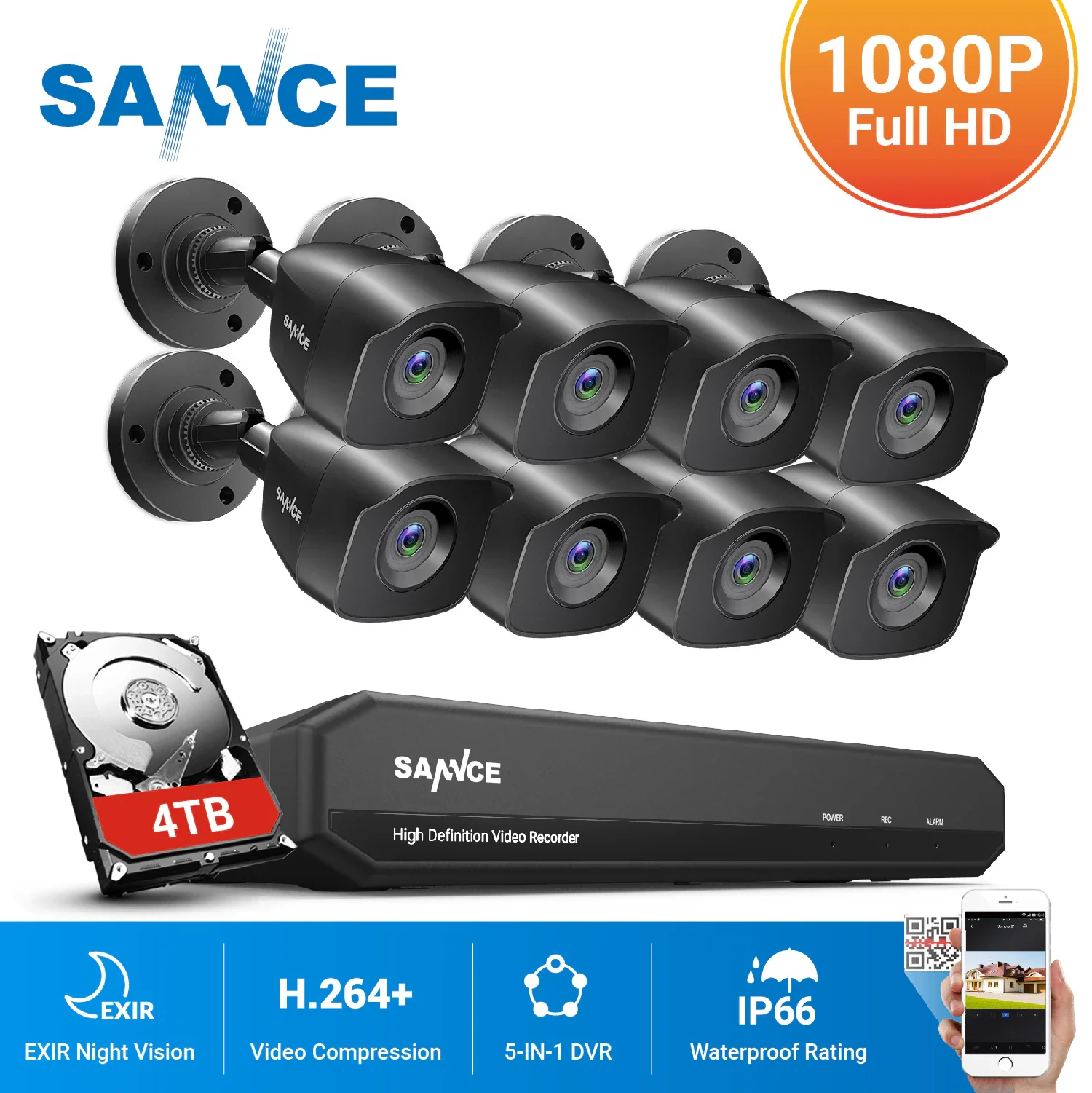 Ir Outdoor Ip66 Video Surveillance Kit Motion Detection