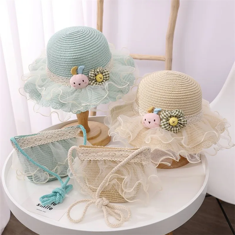 

Girls Summer Sun Hats Rabbit Floral Sun Protection Lace Straw Hat HandBag For Girls Kids Breathable Beach Travel Sunscreen Hat