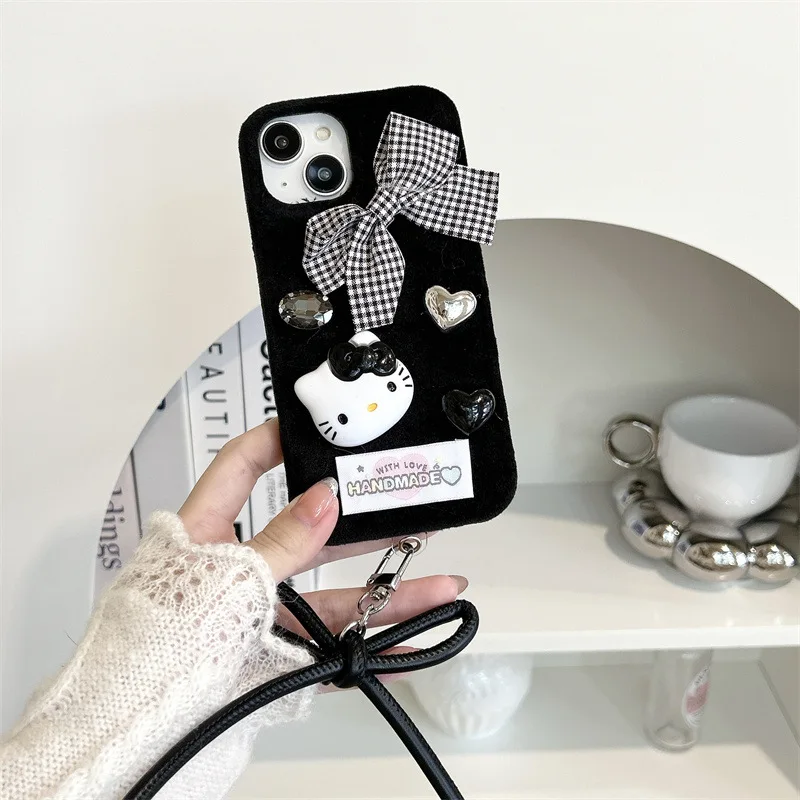 Cute Hello Kitty Plush Bow embroidery Kawaii Phone Case For Iphone 16 15 14 13 Promax Y2k Sweet Girl Protective Cover