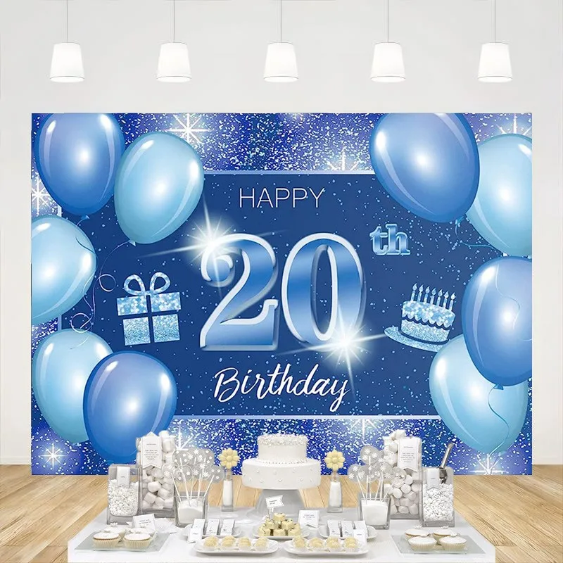 

Happy 20th Birthday Backdrop Banner Blue Dots Glitter Sparkle Twenty Years Old Party Decoration Photo Background Boy Girl Props
