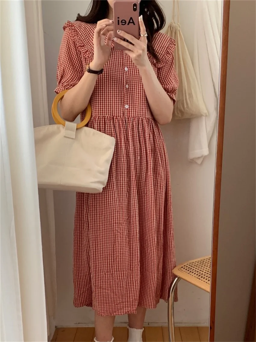 

Женское клетчатое платье в стиле ретро Alien Kitty, Красное Длинное Платье-трапеция с оборками, праздничная уличная одежда для выпускного вечера...