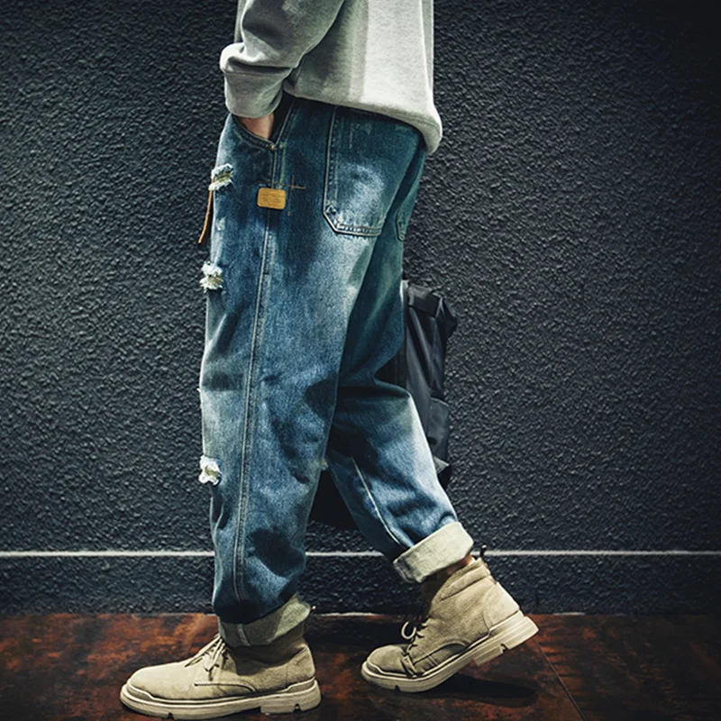 Streetwear Men 2022 New Pasting Cloth Ripped Jeans Loose Recreational Straight Cylinder Blue Temperament Trousers Autumn Female